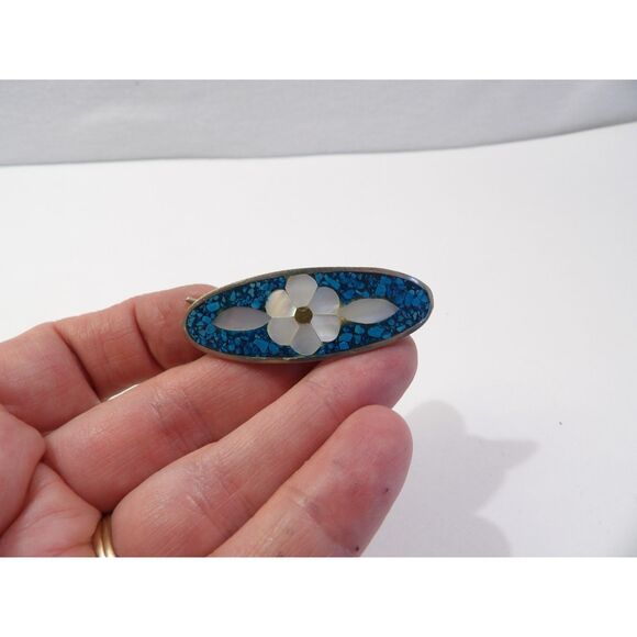 Vintage Daisy Flower Mother of Pearl Inlay Blue Turquoise Hair Clip, 1.75" - Picture 8 of 12